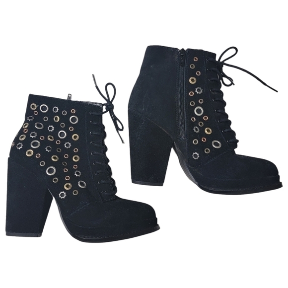 Seychelles Black Suede Platform Bootie Studded Chunky Heel Lace Up 90s Y2K 8 - Picture 4 of 14